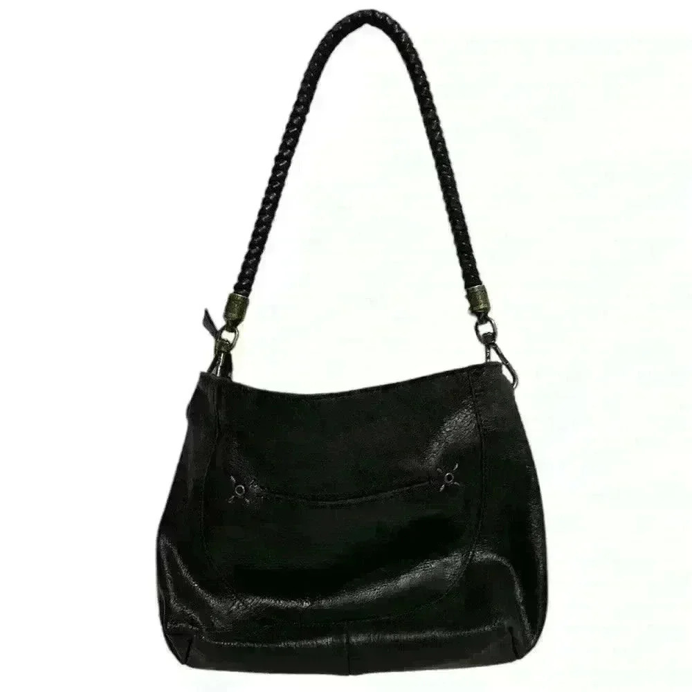 The Sak Black Indio Leather Shoulder Bag Purse Braided Strap Brass Hardware - Picture 2 of 15